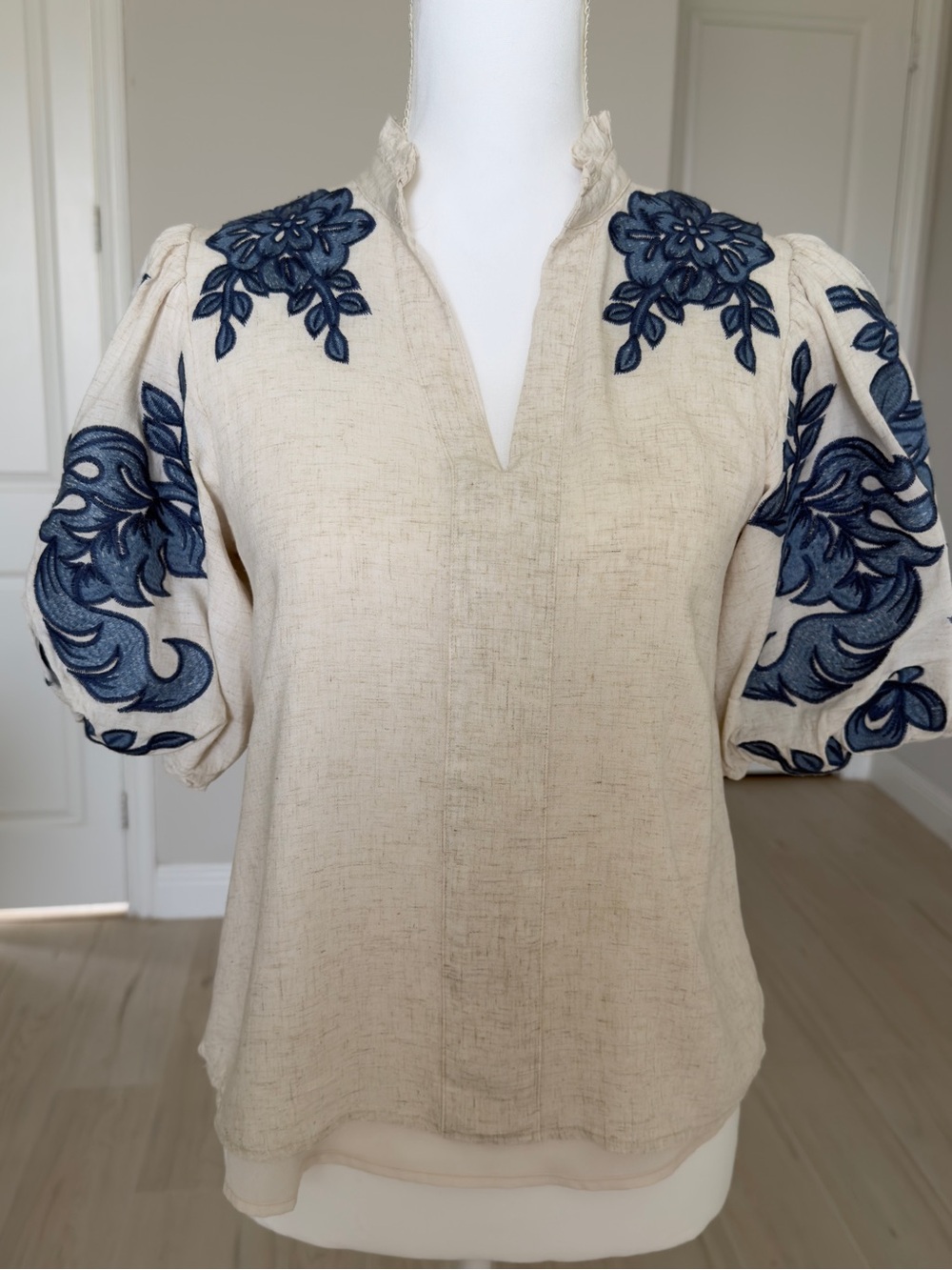 THML Cream Blouse with Navy Floral Embroidery
